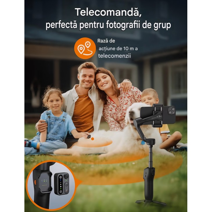 Stabilizator gimbal pentru smartphone hohem iSteady X3 SE Plus, stabilizare pe 3 axe, telecomandă detașabilă, tijă extensibilă, autonomie 11 ore, pentru vlogging, livrare 7-9 zile