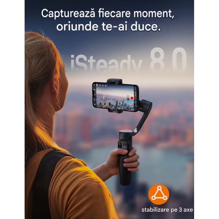Stabilizator gimbal pentru smartphone hohem iSteady X3 SE Plus, stabilizare pe 3 axe, telecomandă detașabilă, tijă extensibilă, autonomie 11 ore, pentru vlogging, livrare 7-9 zile