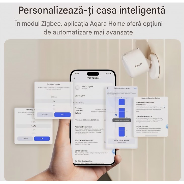 Senzor inteligent de prezență Aqara Presence Sensor FP300, detectare mmWave, PIR, lumină, temperatură și umiditate, Thread și Zigbee, livrare 7-9 zile