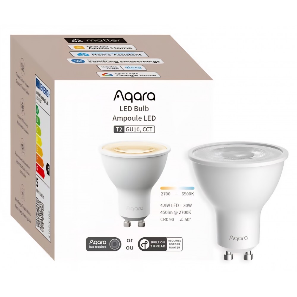  Bec inteligent Aqara LED Light Bulb T2 GU10, lumină albă reglabilă 2700K–6500K, Matter, Thread și Zigbee, compatibil Apple HomeKit, Alexa și Google Home, livrare 7-9 zile