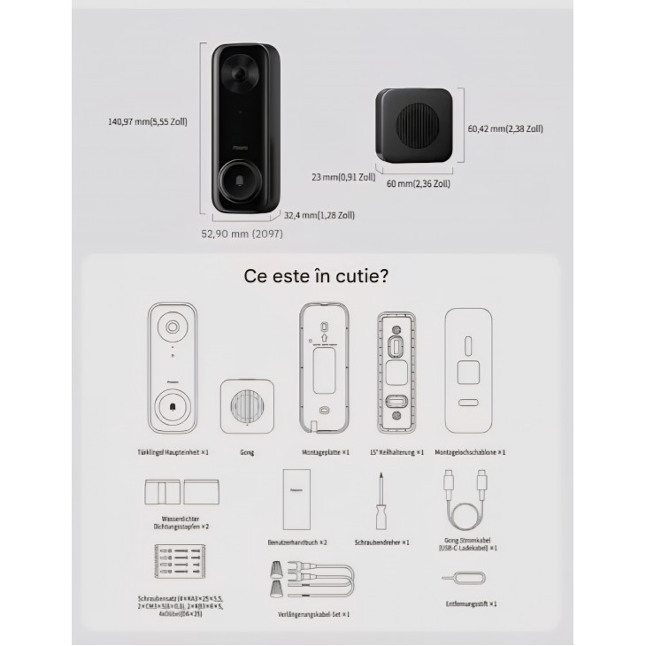 Sonerie video inteligentă Aqara G400 cu Chime inclus, alimentare prin cablu sau PoE, video 2K panoramic, HomeKit Secure Video, înregistrare 24/7, IP65, livrare 7-9 zile