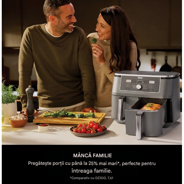 Friteuză cu aer cald Ninja Dual Zone DZ400EU, 9.5L, 2 compartimente independente, 6 programe de gătire, Max Crisp, coacere și prăjire fără ulei, gri metalizat, termen livrare 7-8 zile