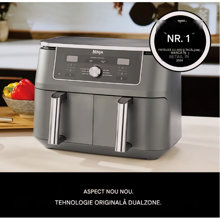 Friteuză cu aer cald Ninja Dual Zone DZ400EU, 9.5L, 2 compartimente independente, 6 programe de gătire, Max Crisp, coacere și prăjire fără ulei, gri metalizat, termen livrare 7-8 zile