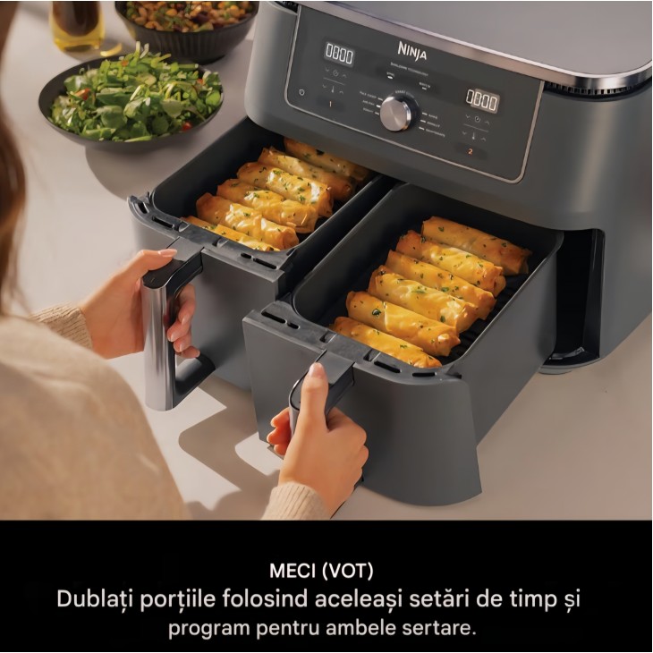 Friteuză cu aer cald Ninja Dual Zone DZ400EU, 9.5L, 2 compartimente independente, 6 programe de gătire, Max Crisp, coacere și prăjire fără ulei, gri metalizat, termen livrare 7-8 zile