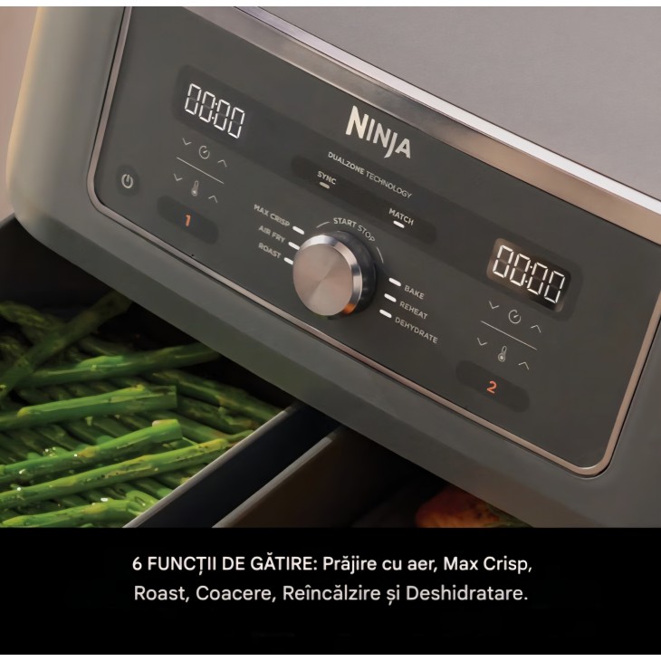 Friteuză cu aer cald Ninja Dual Zone DZ400EU, 9.5L, 2 compartimente independente, 6 programe de gătire, Max Crisp, coacere și prăjire fără ulei, gri metalizat, termen livrare 7-8 zile