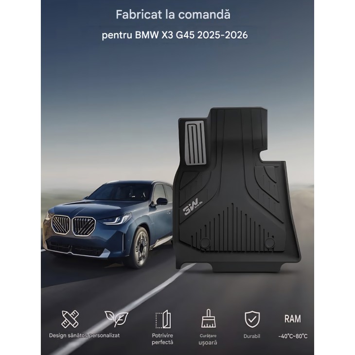 Set covorașe auto 3W Thorex pentru BMW X3 G45 2025-2026, cauciuc reciclat, all-weather, antiderapante, pentru rândurile 1 și 2, negru, livrare 7-9 zile