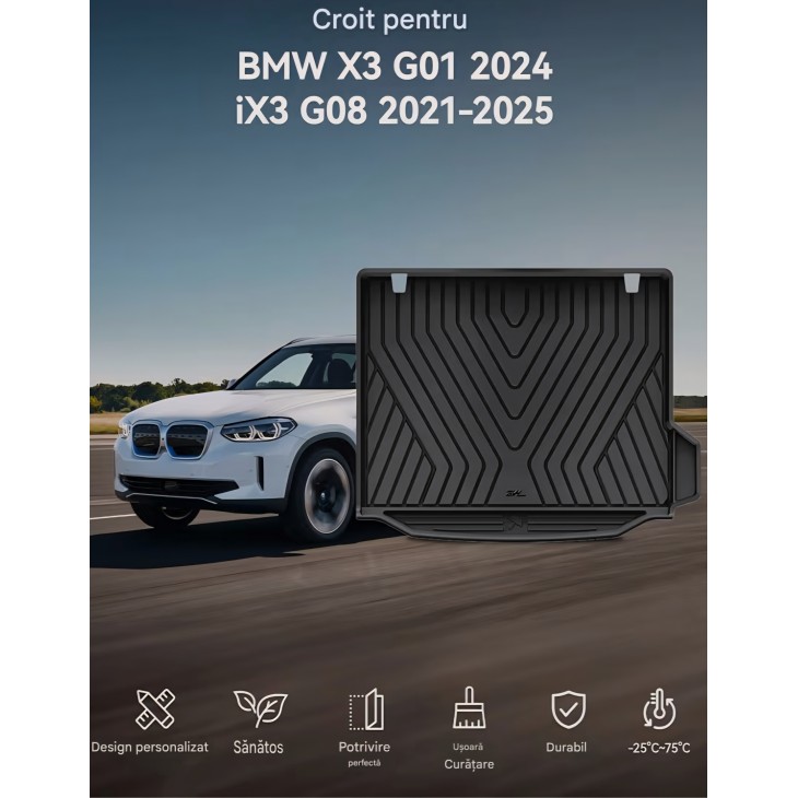 Tavă portbagaj 3W Thorex pentru BMW X3 G01 și BMW iX3 G01 2021-2025, protecție all-weather, impermeabilă, personalizată, negru, livrare 7-9 zile