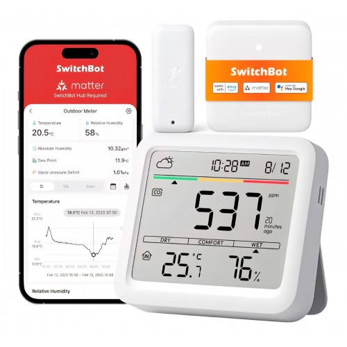 Detector inteligent SwitchBot CO2 WiFi, monitorizare dioxid de carbon, temperatură și umiditate, IP65, Hub Mini Matter inclus, alarmă CO2, control prin aplicație, livrare 7-9 zile