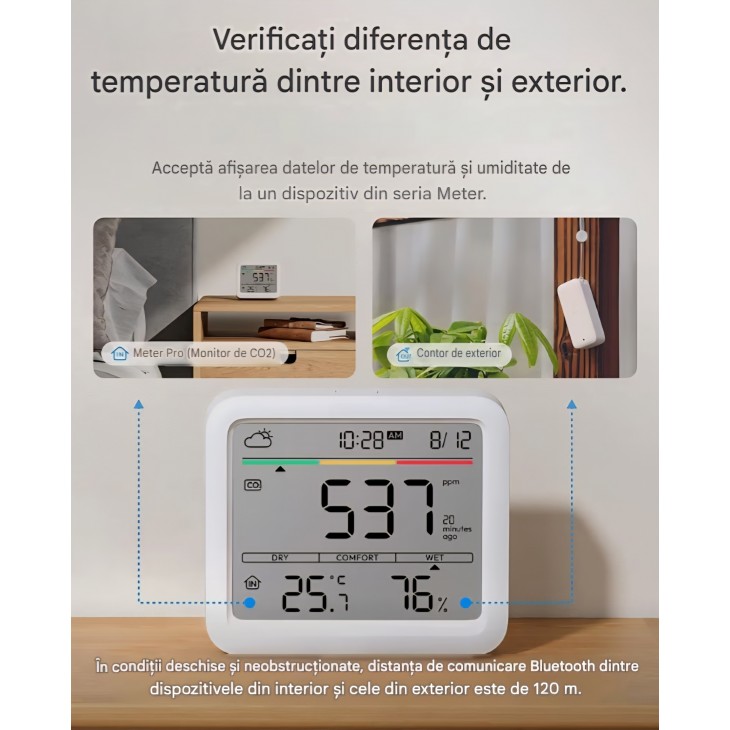 Detector inteligent SwitchBot CO2 WiFi, monitorizare dioxid de carbon, temperatură și umiditate, IP65, Hub Mini Matter inclus, alarmă CO2, control prin aplicație, livrare 7-9 zile