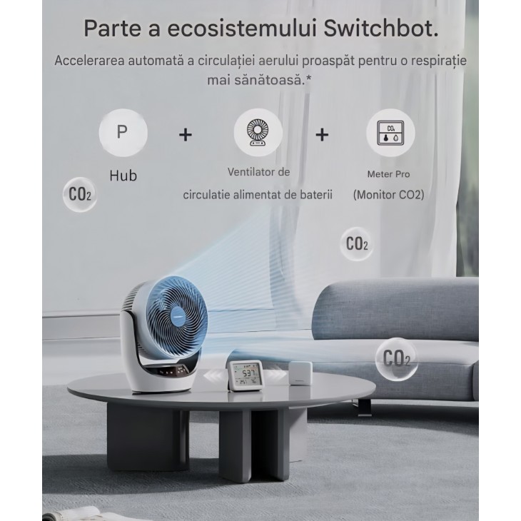 Detector inteligent SwitchBot CO2 WiFi, monitorizare dioxid de carbon, temperatură și umiditate, IP65, Hub Mini Matter inclus, alarmă CO2, control prin aplicație, livrare 7-9 zile