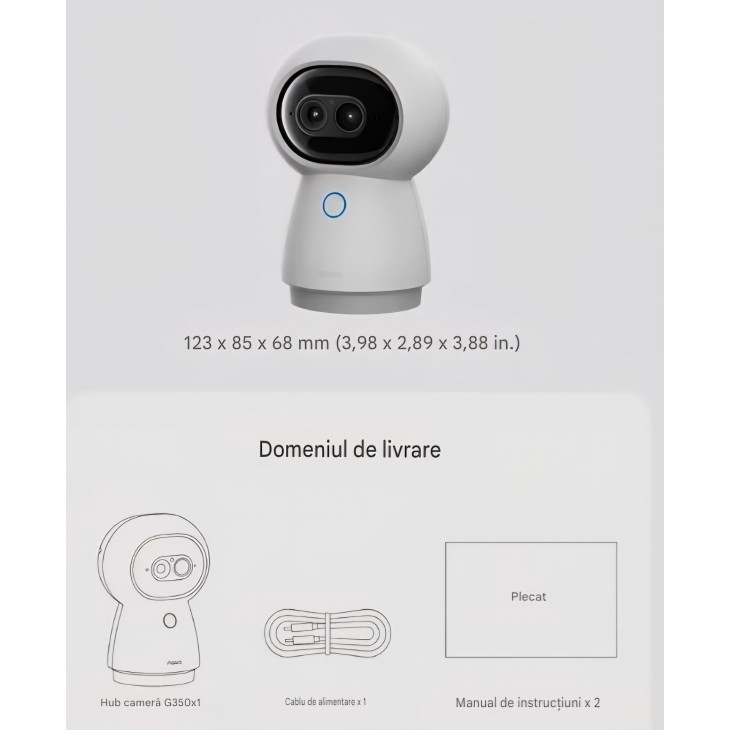 Camera de supraveghere inteligenta, Aqara, camera hub G350, 4K UHD, sistem dual-lens, zoom 9x, PTZ 360°, AI Tracking, compatibila HomeKit, Alexa, Google Home si SmartThings, livrare 7-9 zile
