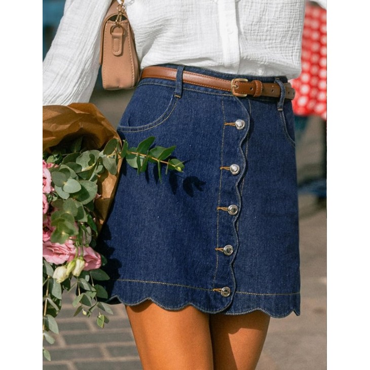 Fustă mini din denim pentru damă, CUPSHE, talie înaltă, tiv ondulat, buzunare, stil casual, marimea L, talie 82 cm, solduri 110 cm, lungime 40 cm, livrare 7-9 zile