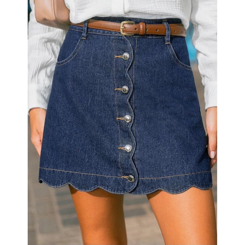 Fustă mini din denim pentru damă, CUPSHE, talie înaltă, tiv ondulat, buzunare, stil casual, marimea L, talie 82 cm, solduri 110 cm, lungime 40 cm, livrare 7-9 zile