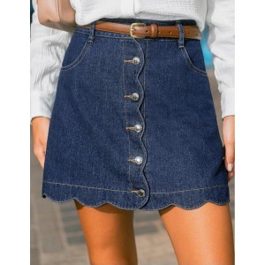 Fustă mini din denim pentru damă, CUPSHE, talie înaltă, tiv ondulat, buzunare, stil casual, marimea L, talie 82 cm, solduri 110 cm, lungime 40 cm, livrare 7-9 zile