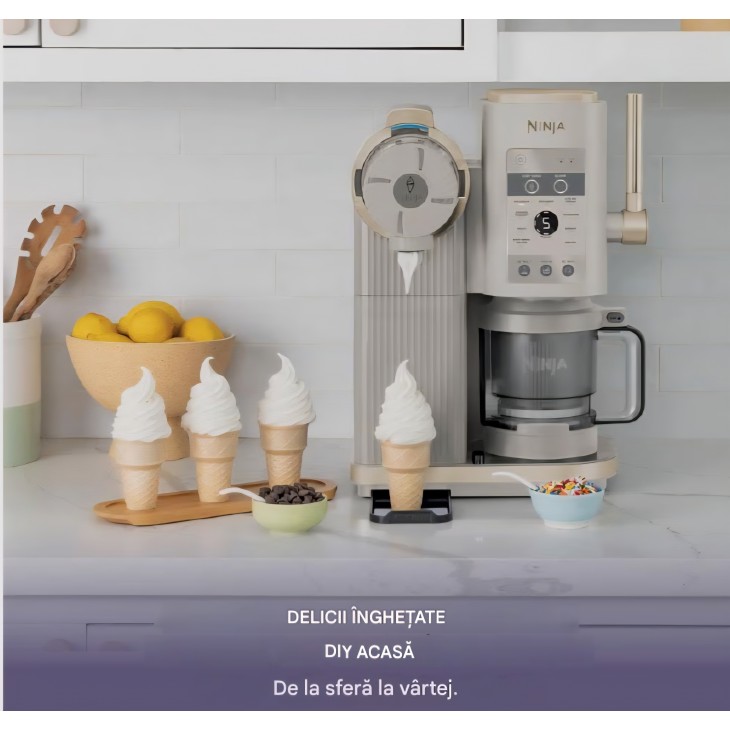 Aparat pentru înghețată Ninja CREAMi Scoop & Swirl NC701EUSTGD, 13 programe, 2 recipiente incluse, pentru înghețată, gelato, sorbet și milkshake-uri, funcție Mix-In, Stone Gold, termen livrare 7-9 zile