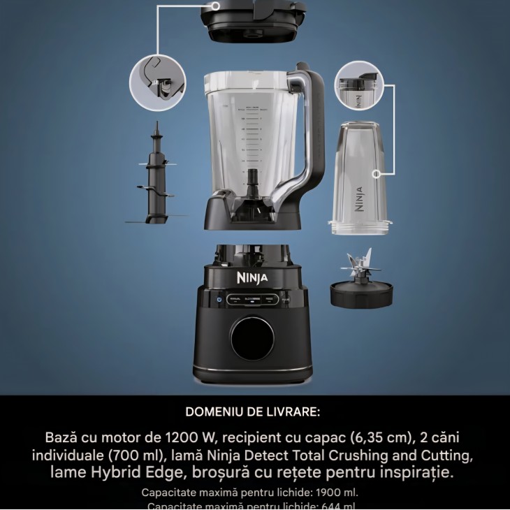 Blender Ninja Detect Power Mixer Pro TB301EU, 2 în 1, 1200W, vas și pahare incluse, pentru smoothie-uri, tocare legume și băuturi cu gheață, negru termen livrare 7-9 zile