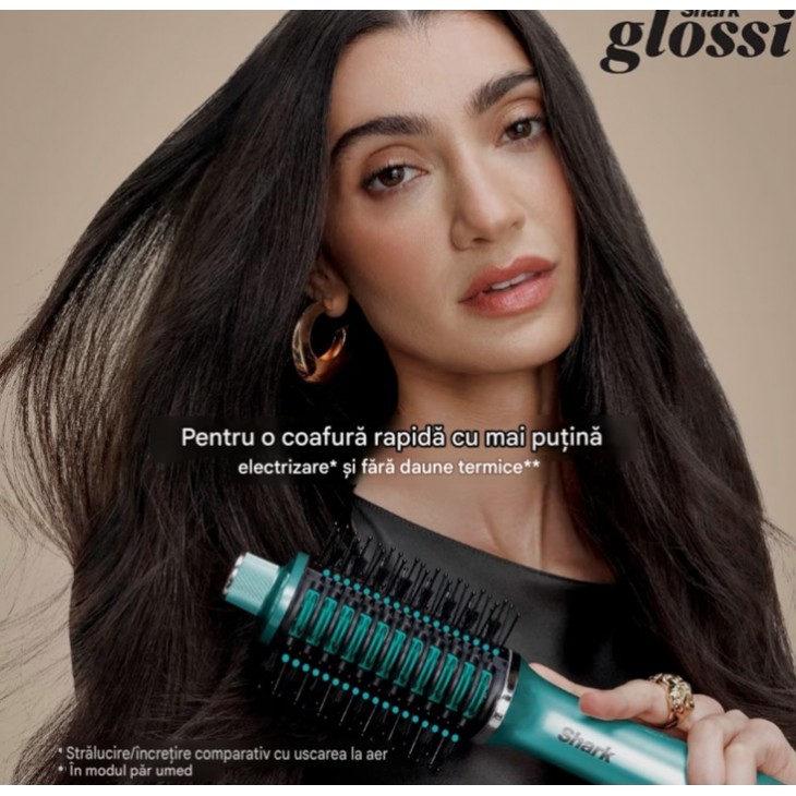 Styler 2 în 1 Shark Glossi HT302EUTL, aer cald și placă de styling, finisaj lucios tip salon, plăci ceramice, volum și protecție Gloss Lock, turcoaz, livrare 7-9 zile