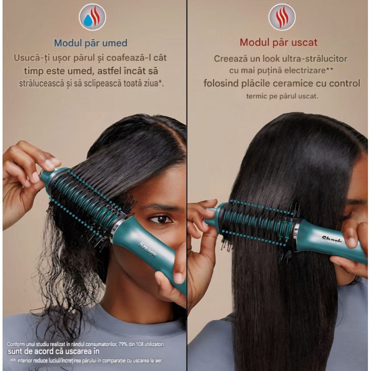 Styler 2 în 1 Shark Glossi HT302EUTL, aer cald și placă de styling, finisaj lucios tip salon, plăci ceramice, volum și protecție Gloss Lock, turcoaz, livrare 7-9 zile