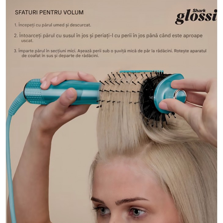 Styler 2 în 1 Shark Glossi HT302EUTL, aer cald și placă de styling, finisaj lucios tip salon, plăci ceramice, volum și protecție Gloss Lock, turcoaz, livrare 7-9 zile