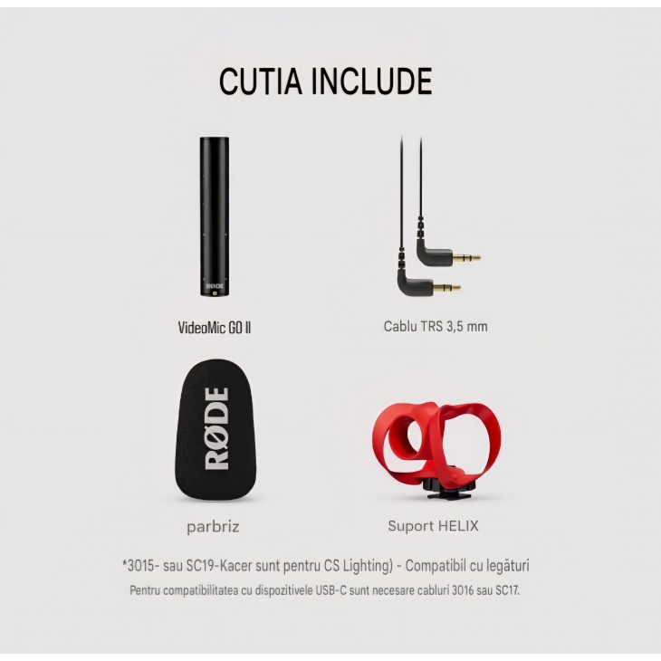 Microfon shotgun RØDE VideoMic GO II, ultra-compact, pentru cameră foto/video, USB și 3,5 mm, ideal pentru filmare, podcasting și creare de conținut, livrare 7-9 zile