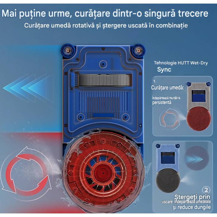 Robot pentru curățat geamuri Hutt R10, sistem hibrid umed/uscat, aspirație 7000 Pa, pulverizare dublă HydroJet