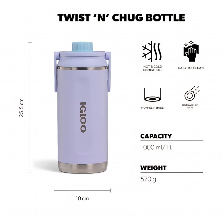 Sticlă termos IGLOO Chug 36, 1000 ml, din oțel inoxidabil, pentru apă plată și carbogazoasă, menține băuturile reci până la 48 de ore, livrare maxim 7-8 zile, Purple