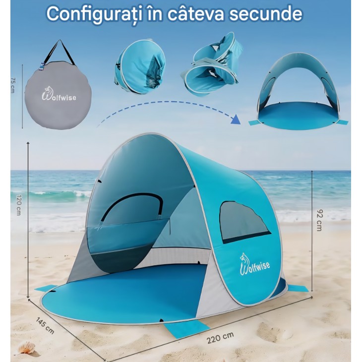 Cort de plajă WolfWise UPF 50+, montare instant Pop-Up, protecție solară, spațios și ușor de transportat, livrare 8-9 zile
