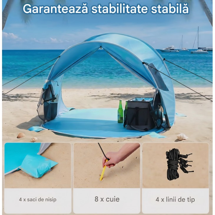 Cort de plajă WolfWise UPF 50+, montare instant Pop-Up, protecție solară, spațios și ușor de transportat, livrare 8-9 zile