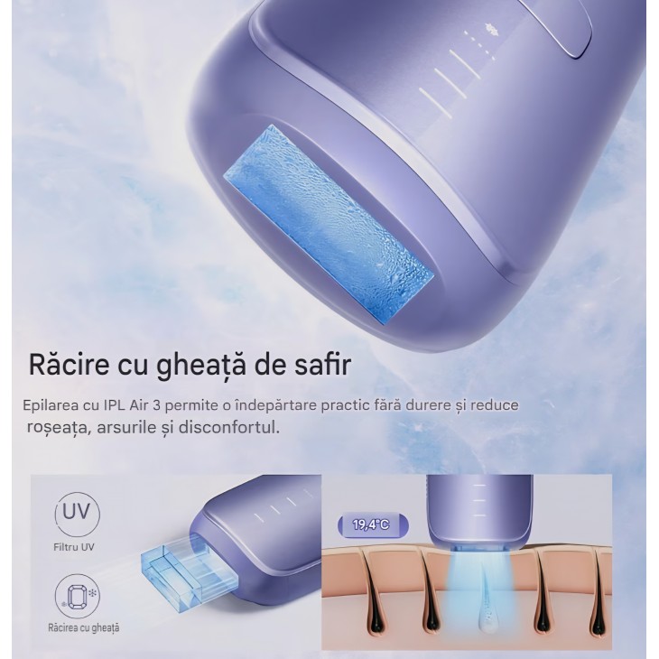 Epilator IPL Ulike Air 3, pentru față și corp, cu sistem Sapphire Ice Cooling, epilare nedureroasă, rezultate de lungă durată, mov, livrare 8-9 zile