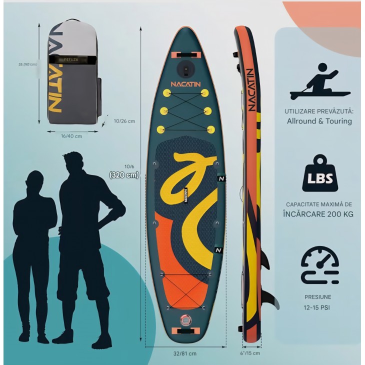 Placă gonflabilă SUP NACATIN 320 cm (10'6"), cu scaun de caiac și accesorii complete, pentru agrement, fitness și turism pe apă, livrare 7-9 zile