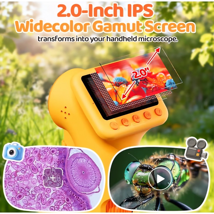 Microscop digital HEWEIMEI 1600X pentru copii, ecran IPS 2", Full HD 1080P, kit științific inclus, galben, livrare 7-8 zile
