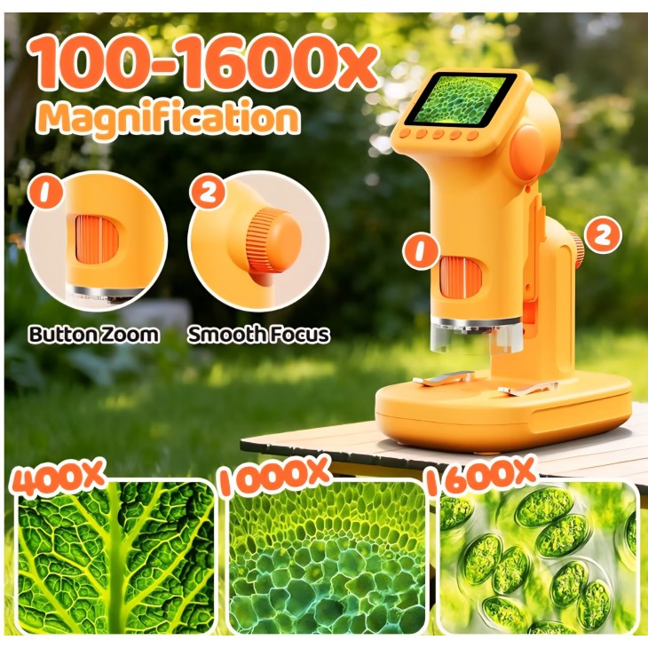 Microscop digital HEWEIMEI 1600X pentru copii, ecran IPS 2", Full HD 1080P, kit științific inclus, galben, livrare 7-8 zile