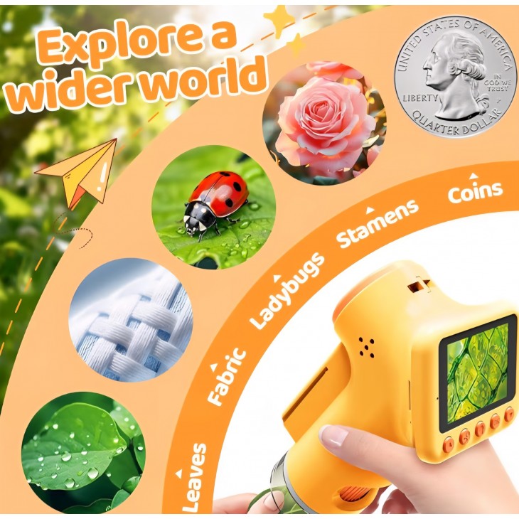 Microscop digital HEWEIMEI 1600X pentru copii, ecran IPS 2", Full HD 1080P, kit științific inclus, galben, livrare 7-8 zile