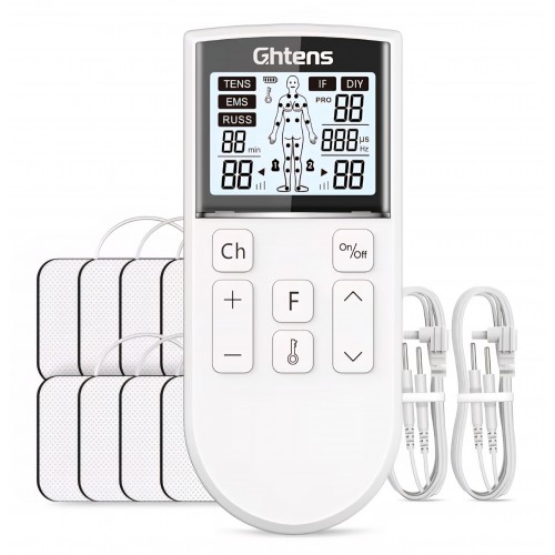 Aparat TENS-EMS, GHTENS M01,  5-în-1, pentru ameliorarea durerii și stimulare musculară, 80 programe, 2 canale, 8 electrozi, livrare 7-9 zile