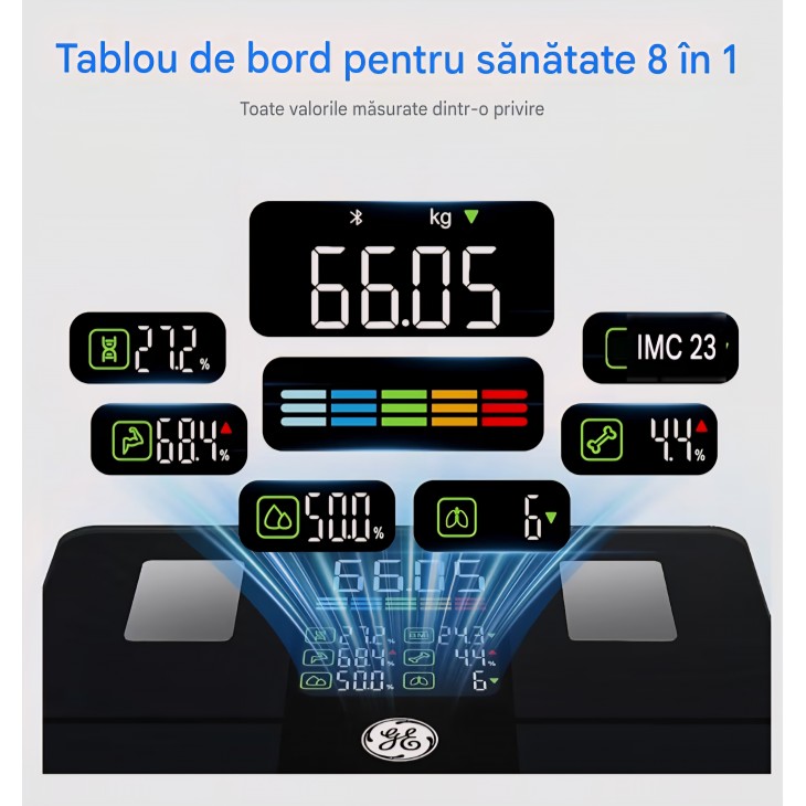 Cântar inteligent GE Digital, analiză corporală completă, 14 indicatori, Bluetooth, aplicație mobilă, capacitate 180 kg, livrare 8-9 zile