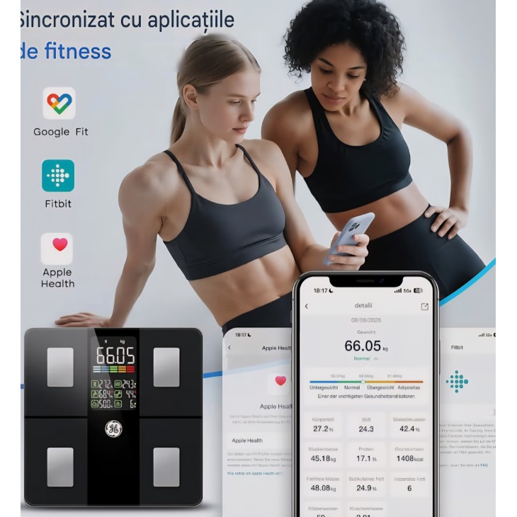 Cântar inteligent GE Digital, analiză corporală completă, 14 indicatori, Bluetooth, aplicație mobilă, capacitate 180 kg, livrare 8-9 zile