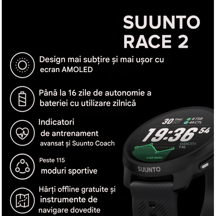 Ceas sport GPS SUUNTO Race 2, ecran AMOLED 1,5", hărți offline, peste 115 moduri sportive, autonomie până la 16 zile, livrare 8-9 zile, negru