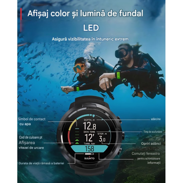 Ceas cu computer de scufundare SUUNTO D5, ecran color, rezistență la apă 100 m, busolă digitală, autonomie până la 12 ore în modul scufundare, 10-12 zile, negru