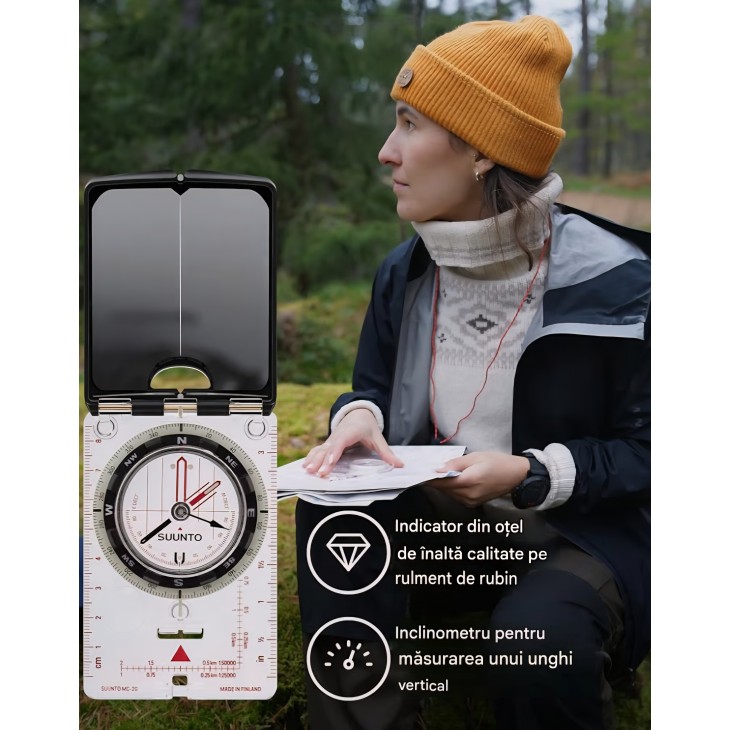 Busolă profesională SUUNTO MC-2, cu oglindă, clinometru și corecție reglabilă a declinației, fabricată în Finlanda, livrare 9-10 zile