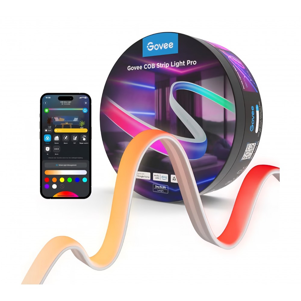 Bandă LED inteligentă Govee COB Strip Light Pro, 3 m, RGBIC, alb cald, 3780 LED-uri, 1350 lm, compatibilă Matter, Alexa și Google Assistant, livrare 7-9 zile