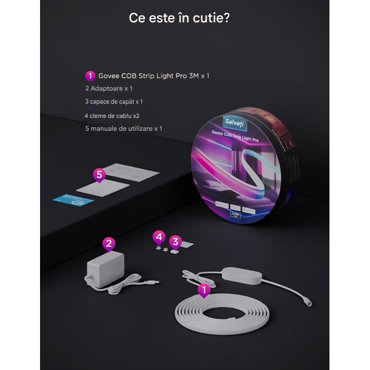 Bandă LED inteligentă Govee COB Strip Light Pro, 3 m, RGBIC, alb cald, 3780 LED-uri, 1350 lm, compatibilă Matter, Alexa și Google Assistant, livrare 7-9 zile