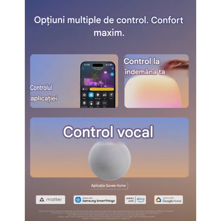 Lampadar inteligent Govee LED Lantern, RGBICWW, Halo Lighting, 1400 lm, temperatură culoare 1000–10000 K, compatibil Alexa, 160 cm, alb livrare 8-10 zile