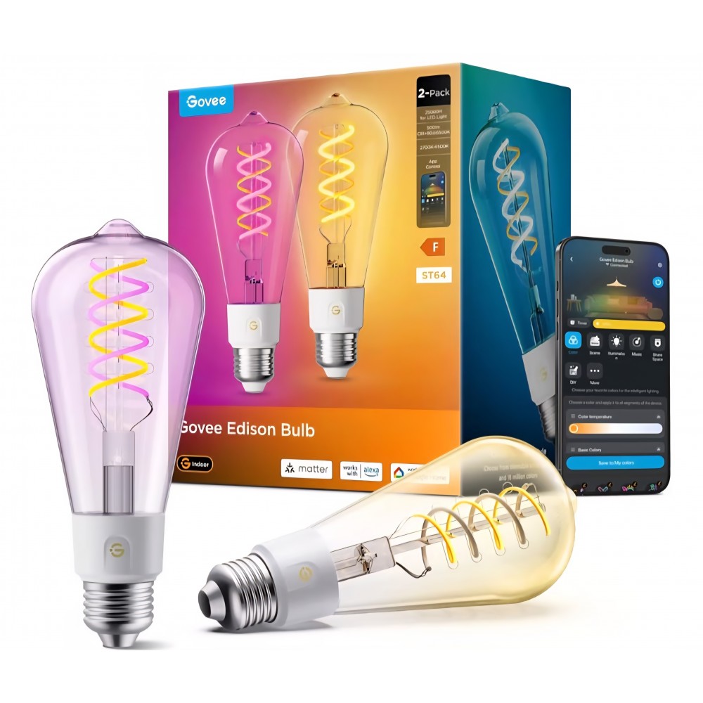 Becuri inteligente Govee Smart Edison ST64, E27, RGBWW, 500 lm, compatibile Matter, Alexa, Google Assistant și Apple Home, set 2 bucăți, livrare 7-9 zile