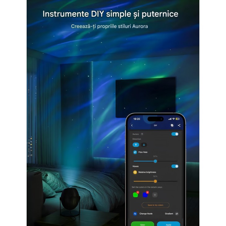 Proiector inteligent Govee LED Starry Sky, RGBW, efect Aurora și cer înstelat, 52 scene, 18 sunete albe, compatibil Matter, Alexa și Google Assistant, livrare 7-9 zile
