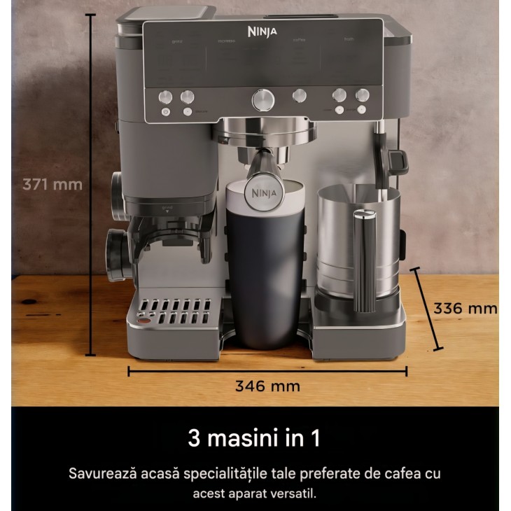 Espressor automat Ninja Luxe Premier ES601EUGM 3 în 1, espresso, Cold Brew și cafea la filtru, râșniță integrată, 4 programe automate de spumare, 1650 W, gri metalizat, livrare 7-9 zile