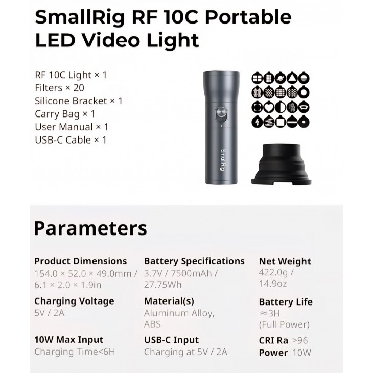 Blitz LED RGB, SMALLRIG RF10C, lumină de umplere pentru fotografie, video, vlogging, baterie 7500 mAh, 20 filtre de lumină, carcasă din aluminiu, livrare 7-9 zile