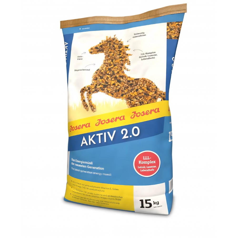 Hrană premium pentru cai Josera Aktiv 2.0, 15 kg, complet mineralizată, cu vitamina E, biotină, seleniu și Omega-3, livrare 7-8 zile