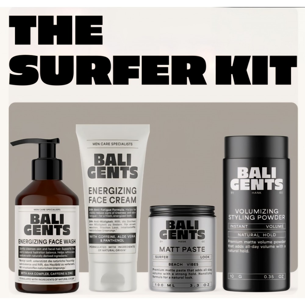 Set de îngrijire și styling pentru bărbați Bali Gents The Surfer, 4 produse, Face Wash, Face Cream, Matt Paste și Volumizing Styling Powder, livrare 7-8 zile