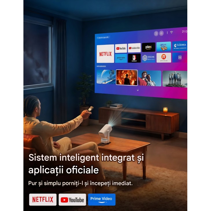 Videoproiector portabil Aurzen D1 Air Smart, Full HD 1080p, Netflix, HDR10, suport 4K, Dolby Audio 16 W, USB-C, Wi-Fi, Bluetooth, focalizare automată TOF, corecție Keystone, Alb, livrare 7-9 zile