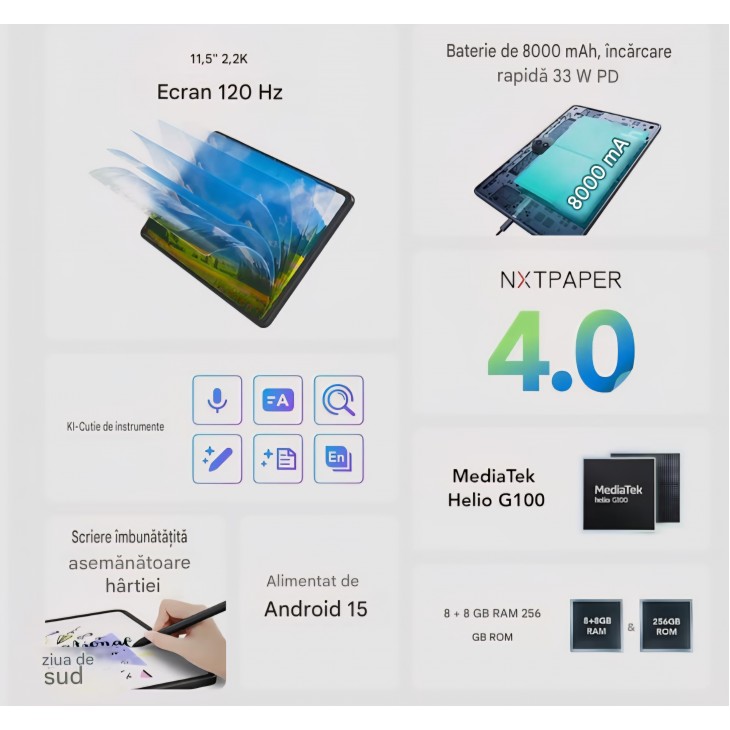 Tableta TCL NXTAPER 11 Plus, 11.5", 2.2K NXTAPER 4.0, 8GB RAM + 8GB RAM extinsa, 256GB, Android 15, T-Pen si husa inclusa, livrare 7-9 zile